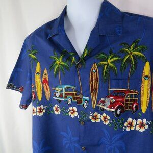 Winnie Fashion Hawaiian  Shirt Mens L Woodie Surfboard  Cotton Made in Hawaii